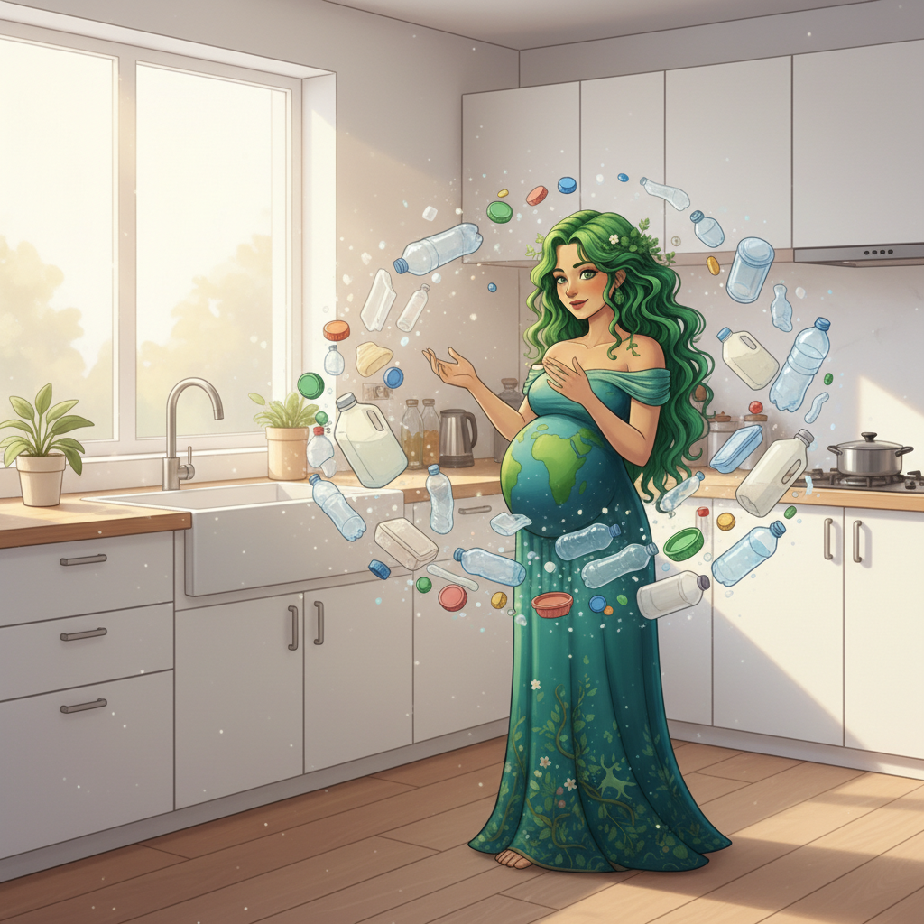 Woman in kitchen spinning recyclable objects.