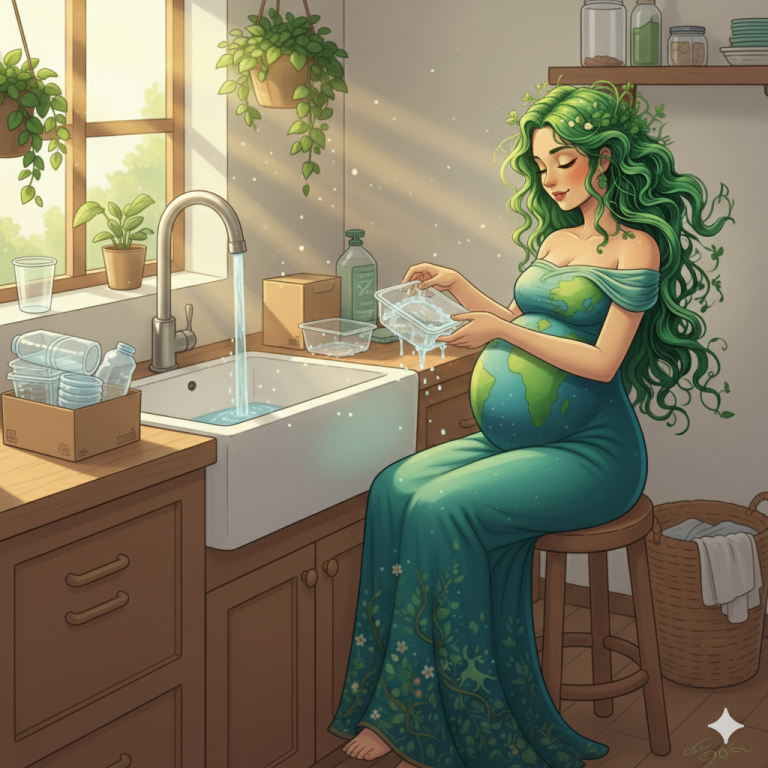 Gaia washing a plastic tray at the sink.