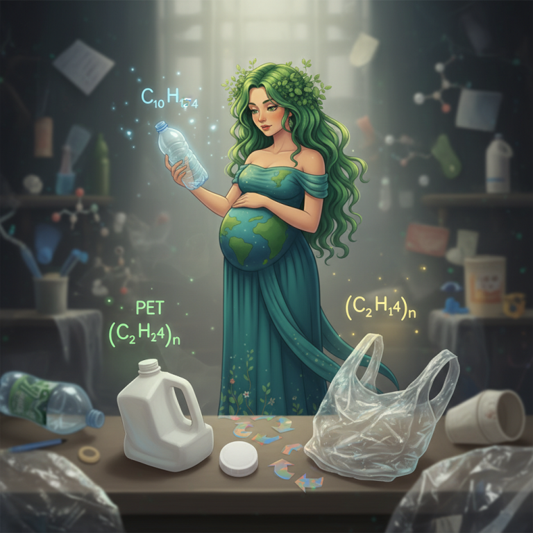 Earth mother in a room with plastic packaging marked by equations of their origins.