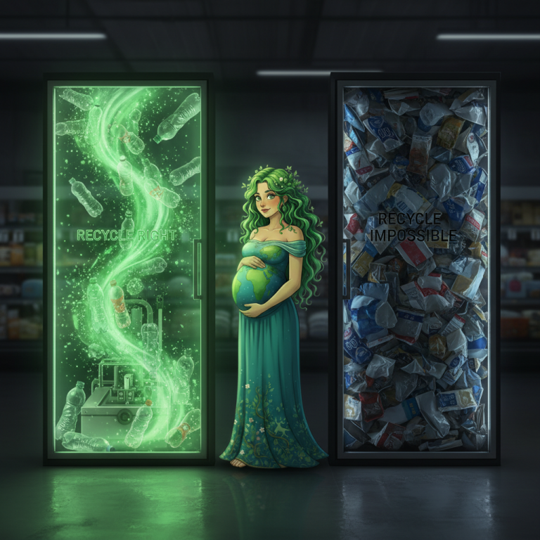 Gaia standing between two containers- one recycling and the other contaminated rubbish.