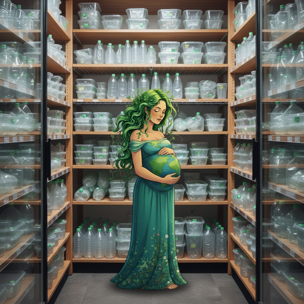 Gaia in a larder full of empty plastic bottles.