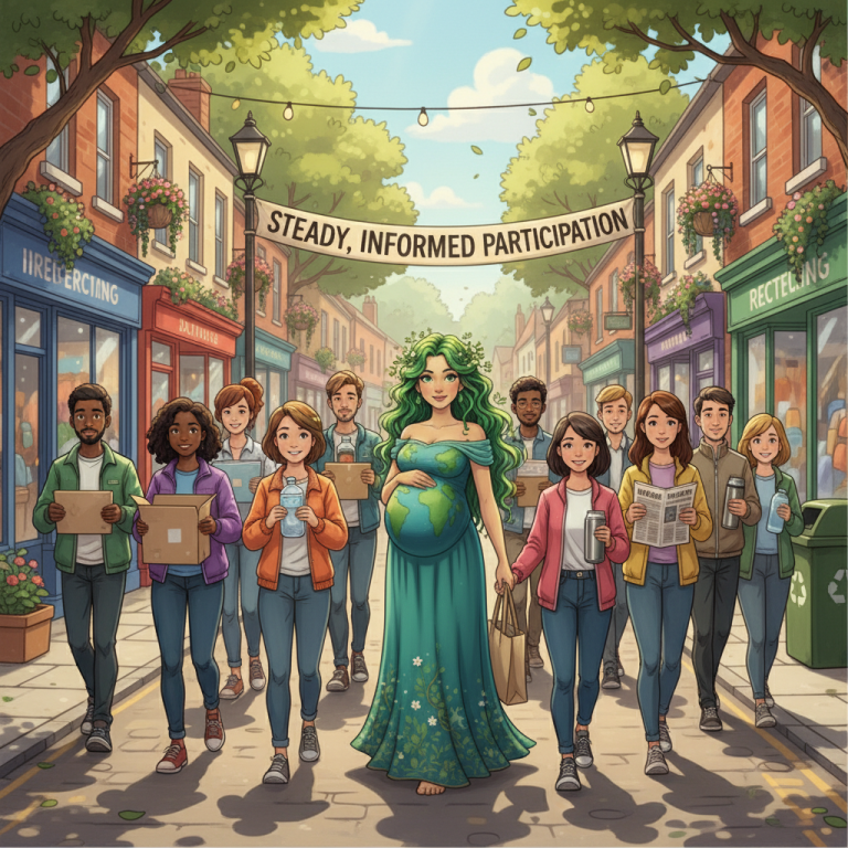 Gaia leading a diverse group of people in recycling.